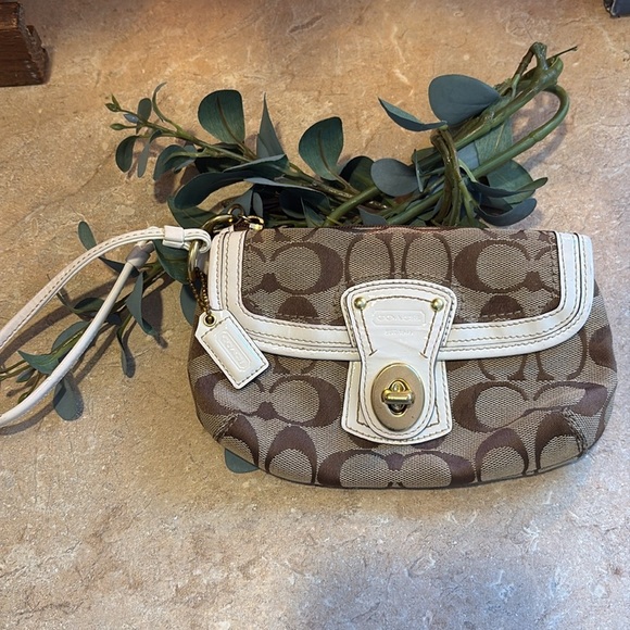 Coach Handbags - Coach Legacy Signature Brown Canvas White Leather Trim Flap Wristlet Coin Wallet